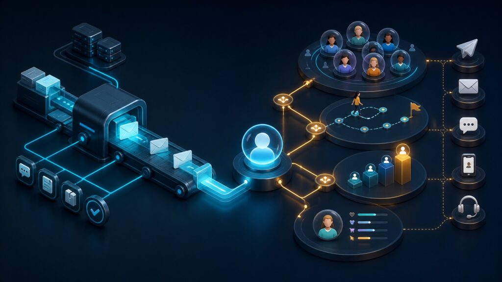 Editorial business scene illustrating transactional email platforms and marketing automation platforms