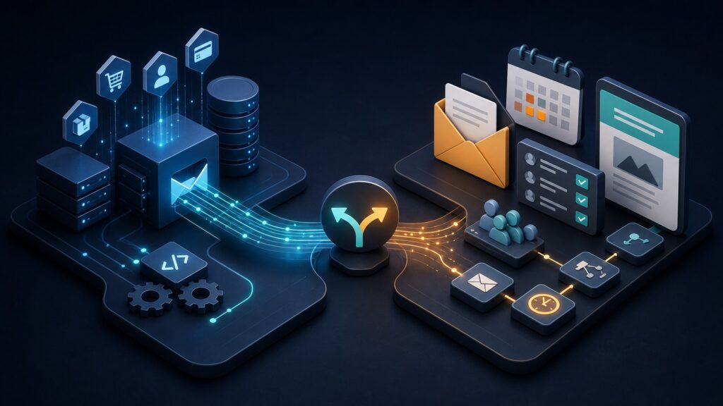 Editorial business scene illustrating transactional email platforms and small business email marketing software