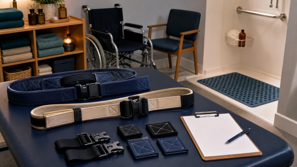 People-free editorial still life illustrating a caregiver trunk handhold contrasted with higher-friction footing in a wet area