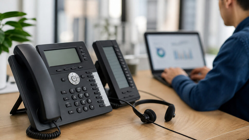 Editorial business scene illustrating virtual pbx systems and cloud accounting software