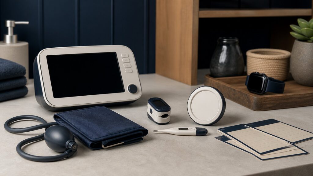 People-free editorial still life illustrating protocol-based vital reading versus wearable wellness estimate