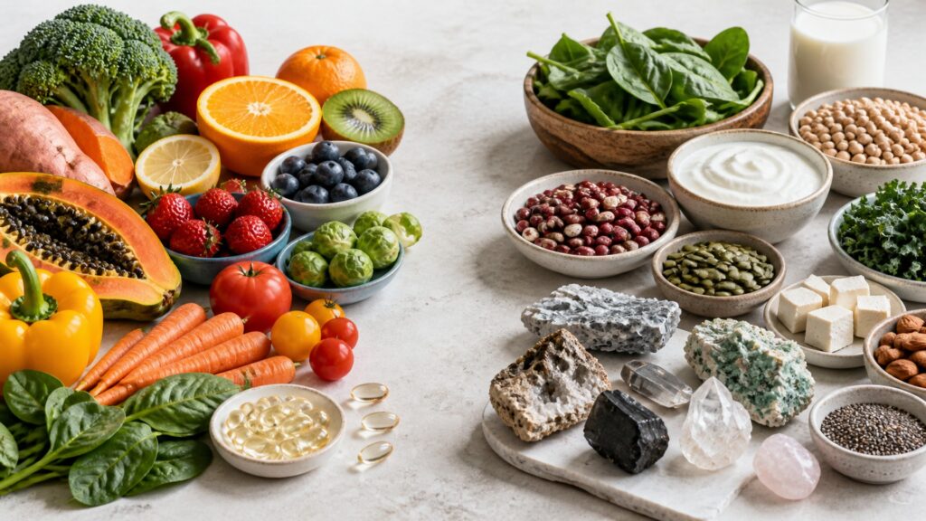 Vitamin-rich produce contrasted with mineral-rich foods and natural mineral crystals on a pale stone surface