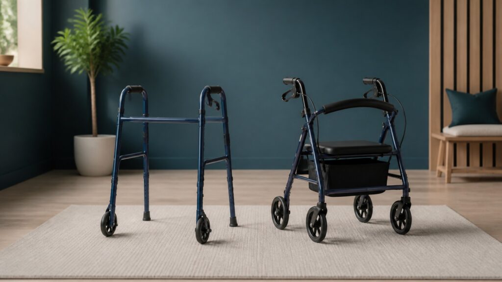 People-free editorial still life illustrating walkers different from rollators