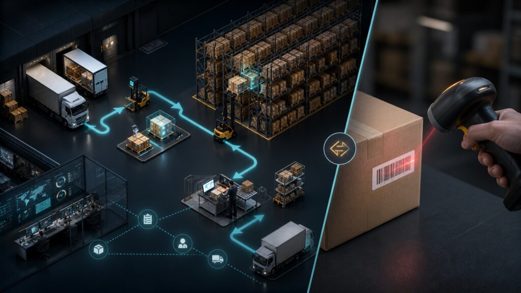 Editorial business scene illustrating warehouse inventory software and barcode inventory systems