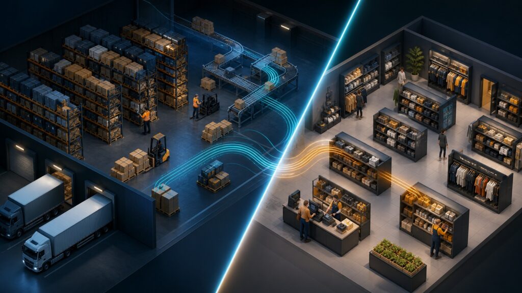 Editorial business scene illustrating warehouse inventory software and retail inventory management software