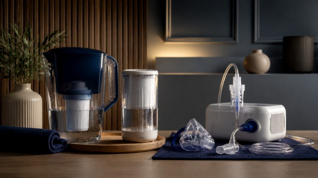 People-free editorial still life illustrating water hygiene tools versus infant-specific care devices