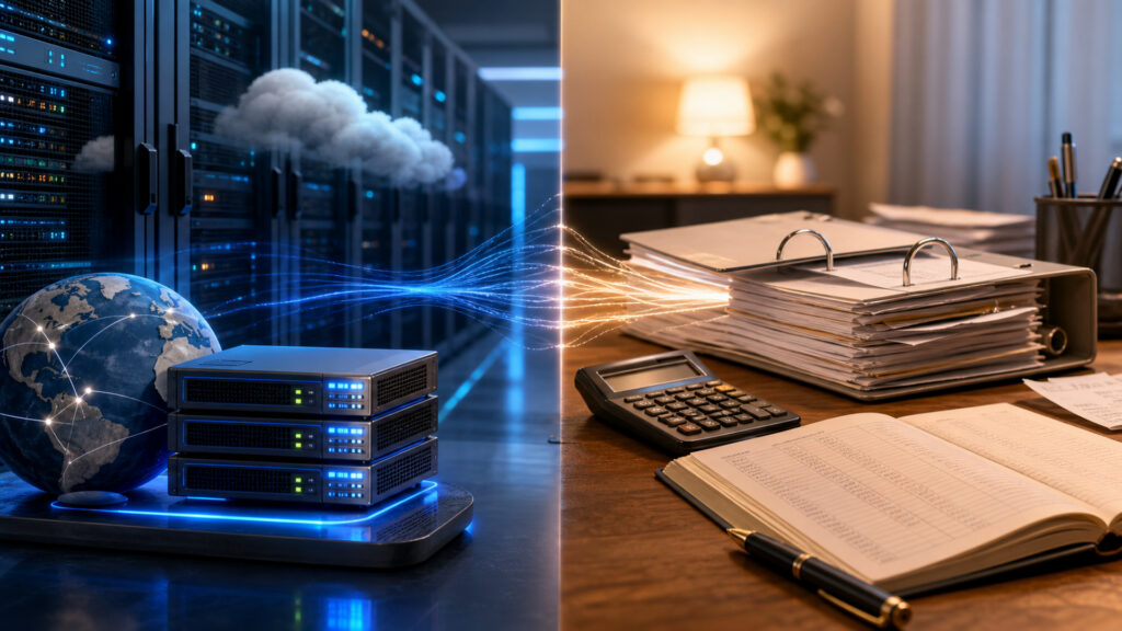 Editorial business scene illustrating web hosting services and accounting software