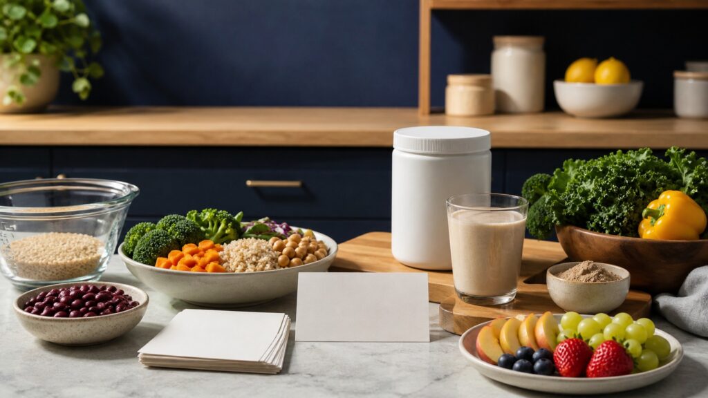 People-free editorial still life illustrating whole-plan strategy versus packaged meal tool
