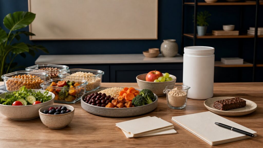 People-free editorial still life illustrating long-term eating strategy versus single snack portion