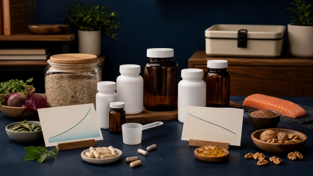 People-free editorial still life illustrating weight-trend outcomes and stimulant risk versus cardiovascular endpoints