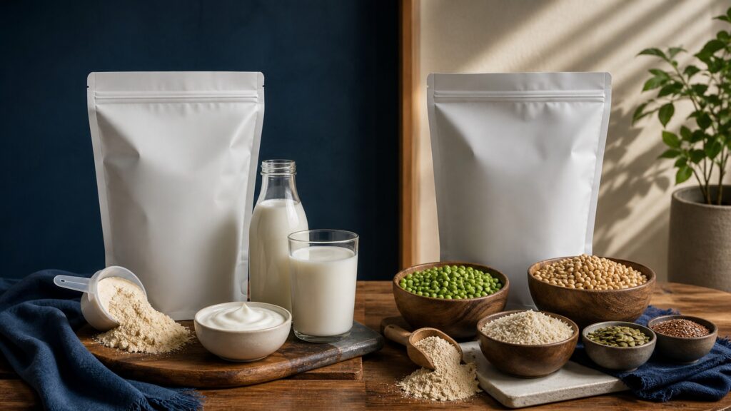 People-free editorial still life illustrating whey protein different from plant-based protein