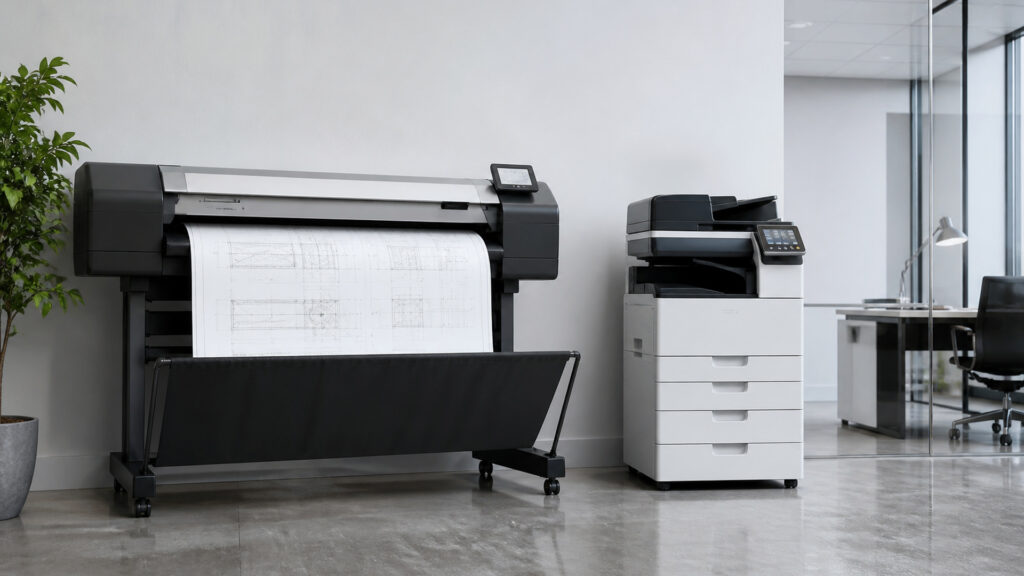 Editorial business scene illustrating wide format office printers and all-in-one office printers