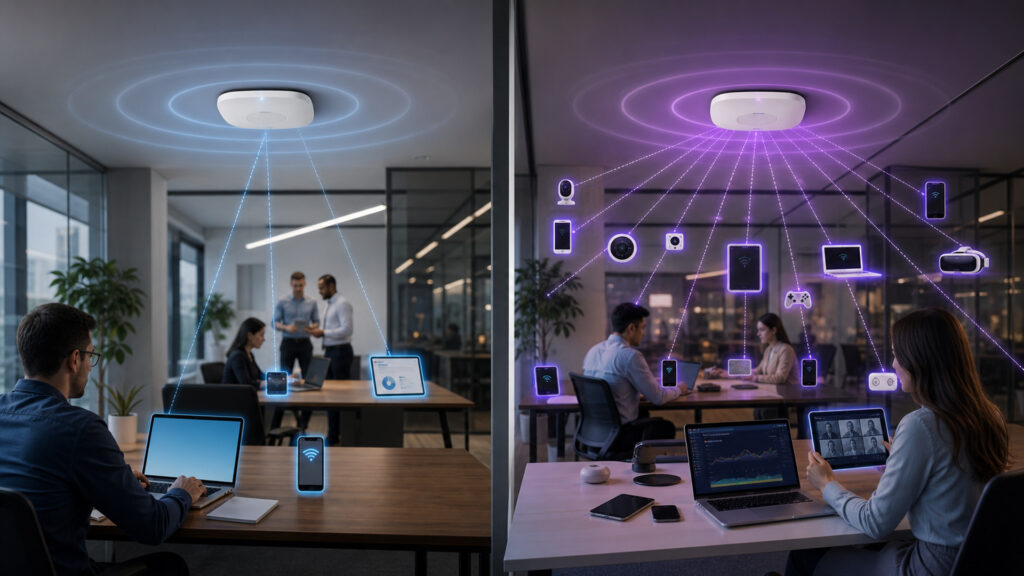 Editorial business scene illustrating wifi 6 and wifi 7