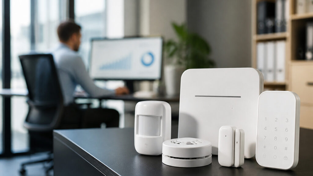 Editorial business scene illustrating wireless business alarm systems and cloud accounting software