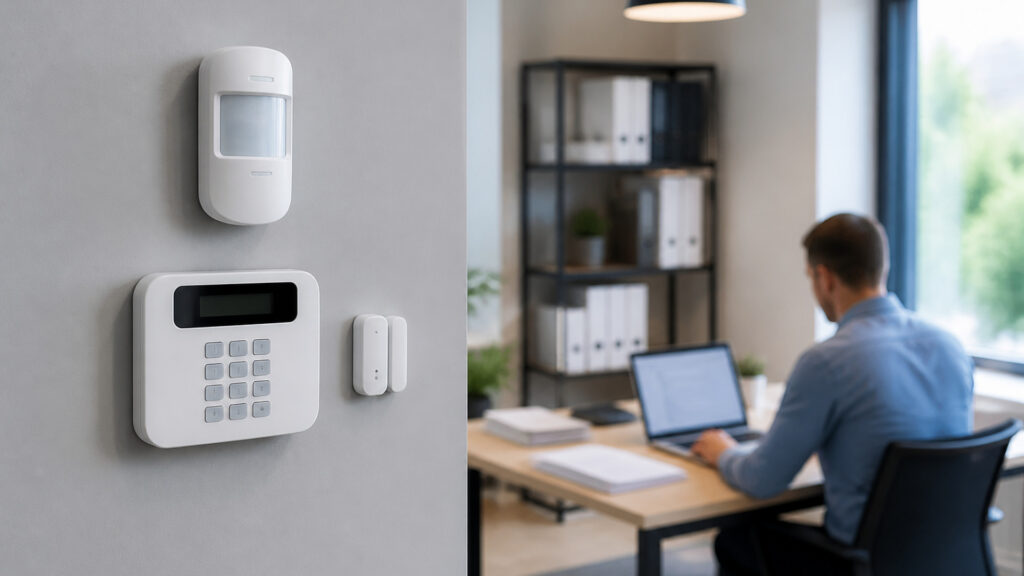 Editorial business scene illustrating wireless business alarm systems and freelancer accounting software