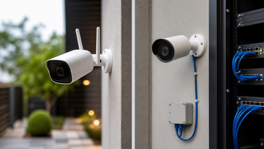 Editorial business scene illustrating wireless security cameras and wired security cameras