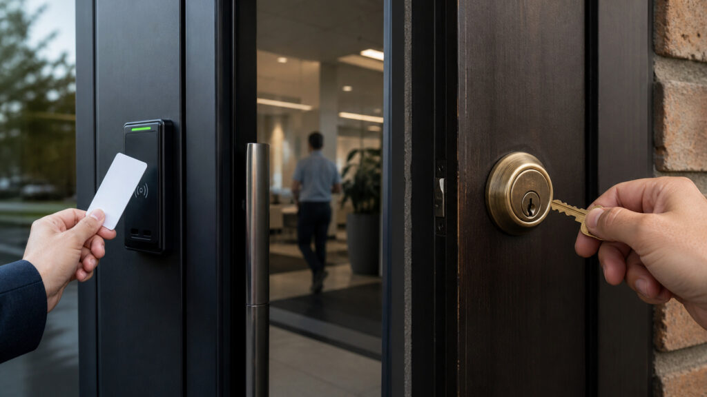 Editorial business scene illustrating access control systems and traditional keys