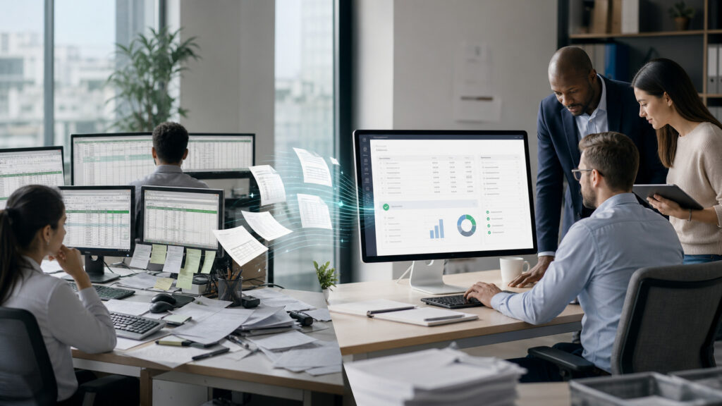Editorial business scene illustrating accounting & tax software and spreadsheets