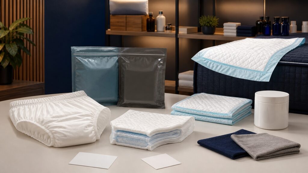 People-free editorial still life illustrating body-worn containment contrasted with furniture and mattress protection