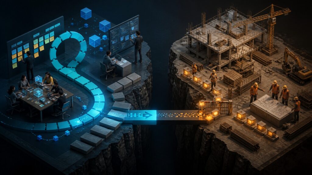Editorial business scene illustrating agile project management software and construction project management software