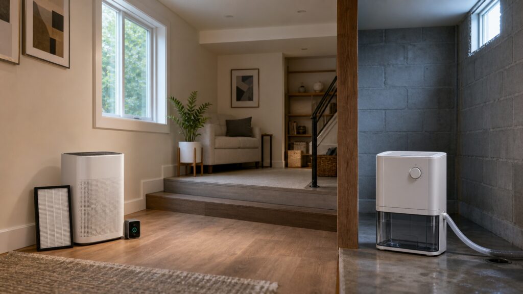 Air purifier and particle sensor in a living area contrasted with a drained dehumidifier in a basement zone