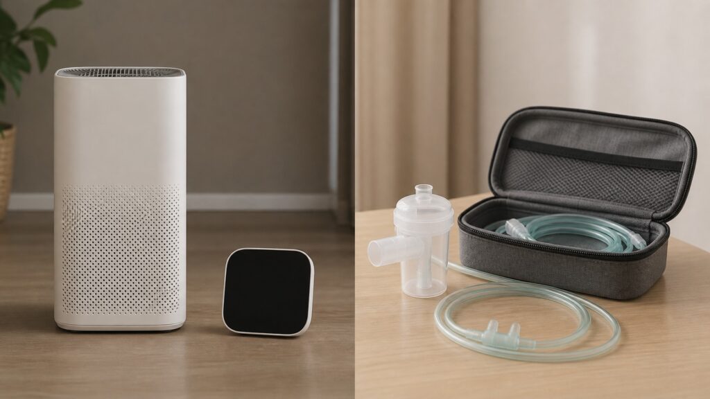 People-free editorial still life illustrating environmental filtration versus individual breathing therapy
