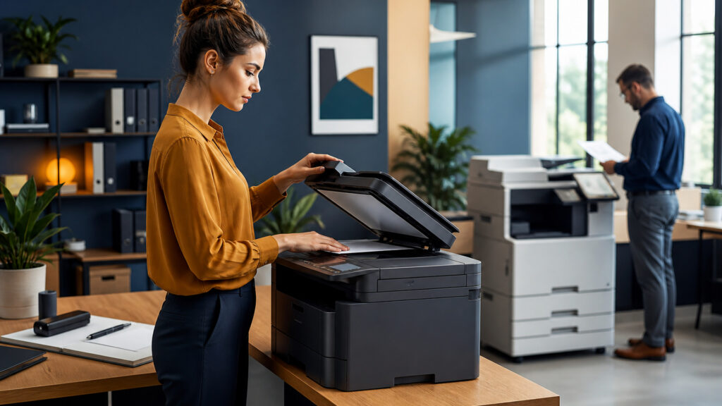 Editorial business scene illustrating all-in-one office printers and laser office printers