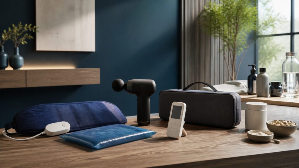 People-free editorial still life illustrating device-delivered physical input versus ingested cleansing regimen