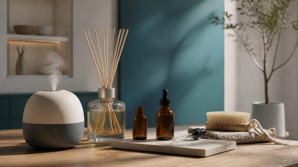 People-free editorial still life illustrating environmental scent exposure versus intake-based cleansing claim