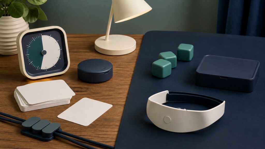 People-free editorial still life for When to Use Attention Support Devices Instead of Cognitive Training Devices