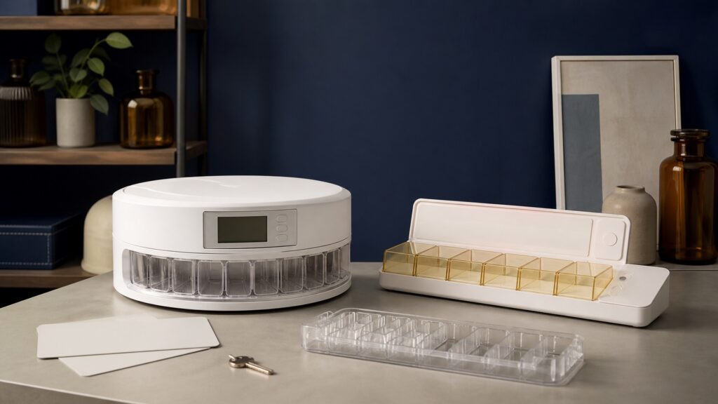 People-free editorial still life illustrating scheduled locked dose release contrasted with user-selected electronic compartments