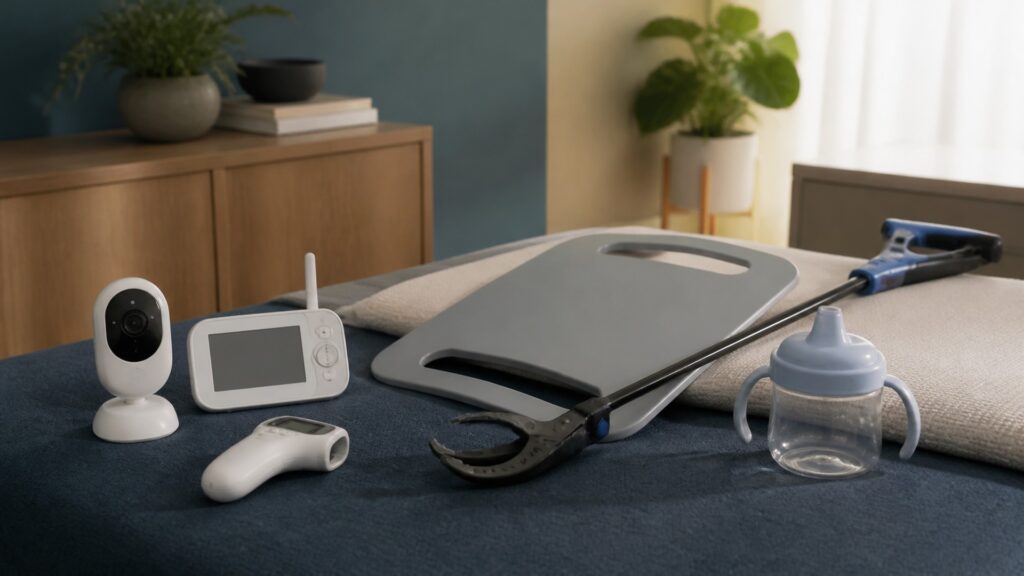 People-free editorial still life illustrating infant monitoring versus general care assistance