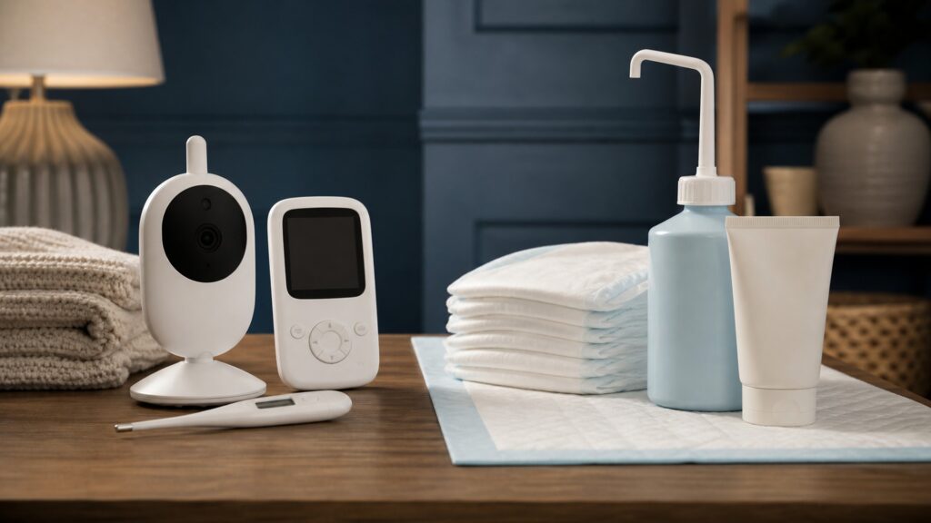 People-free editorial still life illustrating infant care devices versus continence systems