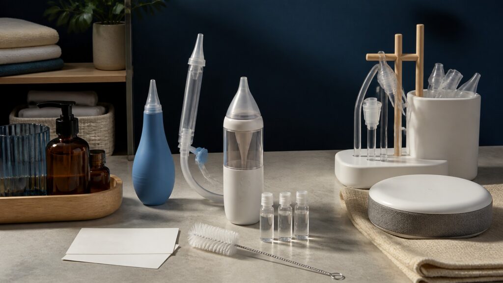 People-free editorial still life illustrating direct mucus removal contrasted with ongoing respiratory-pattern sensing