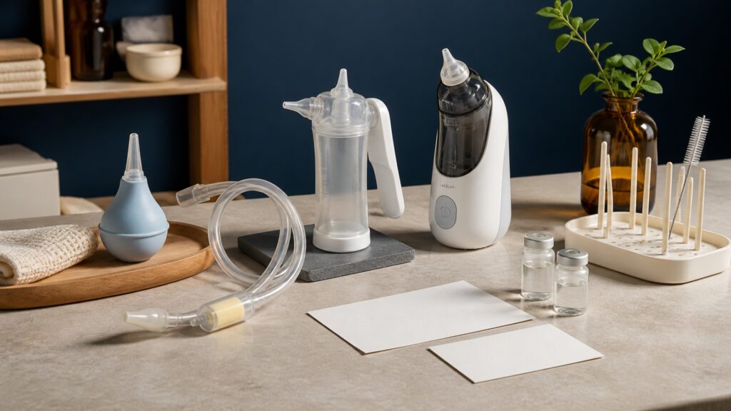 People-free editorial still life illustrating controlled nasal suction contrasted with optical oxygen-saturation estimation