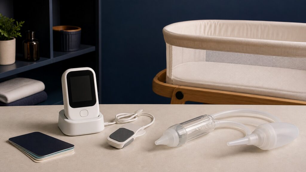 People-free editorial still life illustrating physiologic oxygen trends contrasted with direct mucus removal