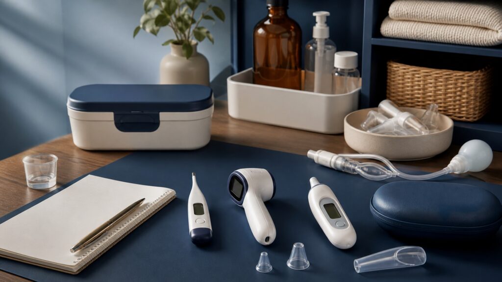 People-free editorial still life illustrating fever screening contrasted with mucus removal