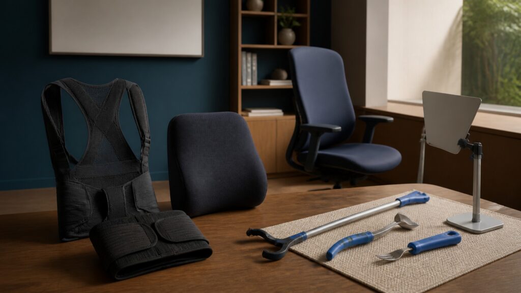 People-free editorial still life illustrating body positioning support versus task adaptation