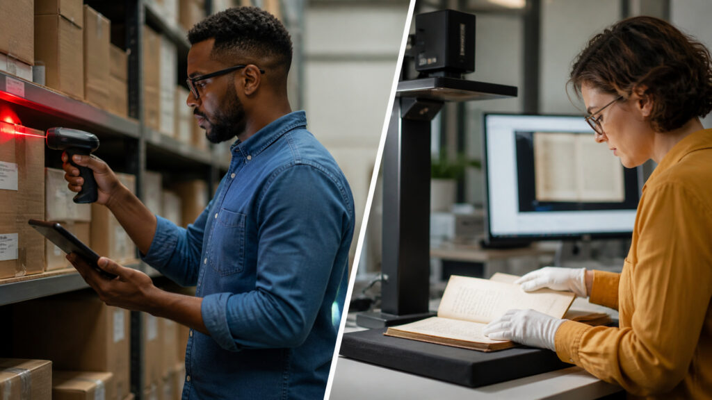 Editorial business scene illustrating barcode equipment and document scanners