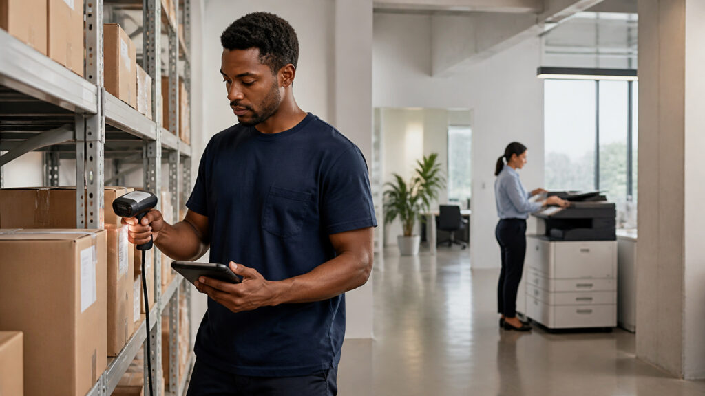 Editorial business scene illustrating barcode equipment and office machines