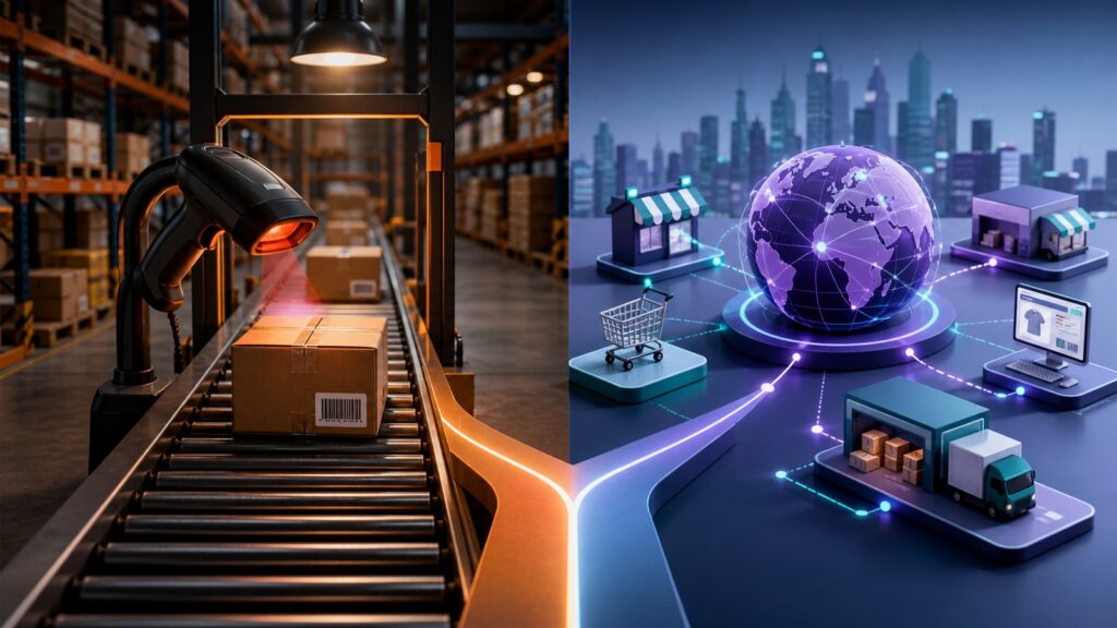 Editorial business scene illustrating barcode inventory systems and multi-channel inventory software