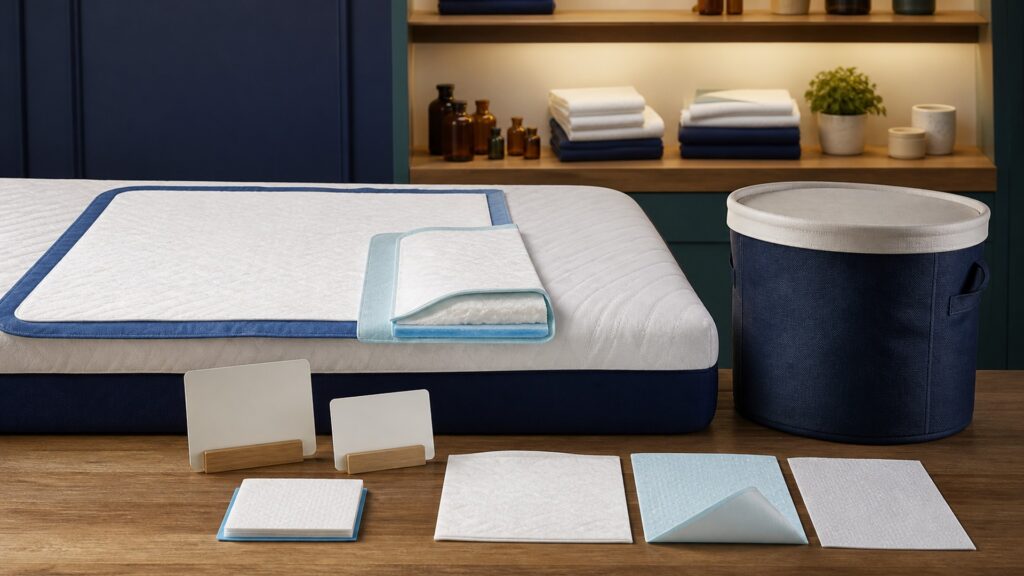 People-free editorial still life illustrating surface protection under bedding contrasted with wearable fluid containment