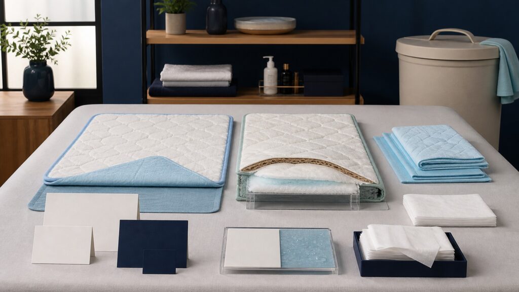 People-free editorial still life illustrating absorbing leakage away from furniture contrasted with direct gentle skin cleansing