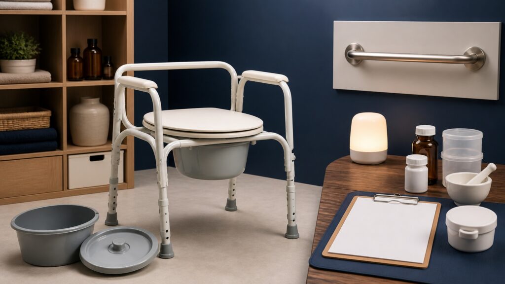 People-free editorial still life illustrating toileting access and transfers contrasted with medication-form manipulation