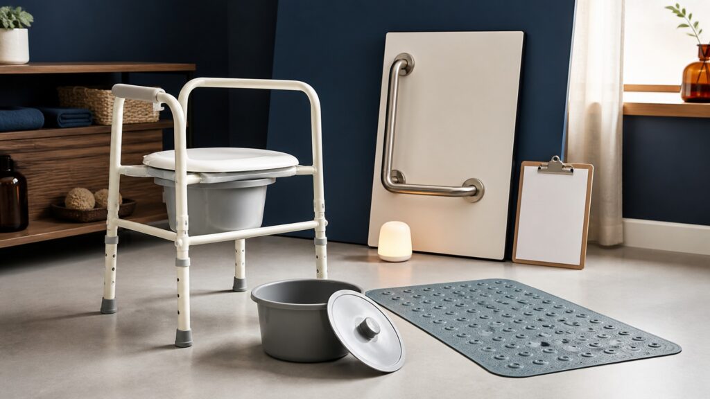 People-free editorial still life illustrating supported toileting proximity contrasted with wet-surface traction