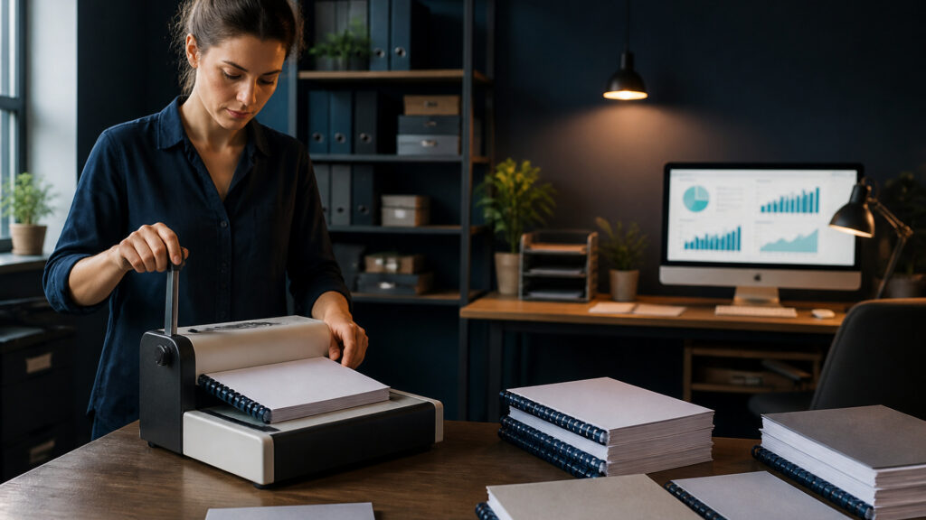 Editorial business scene illustrating binding machines and cloud accounting software