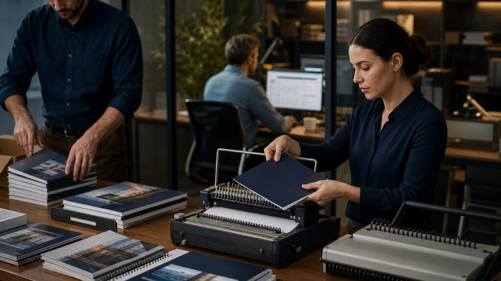 Editorial business scene illustrating binding machines and enterprise accounting software
