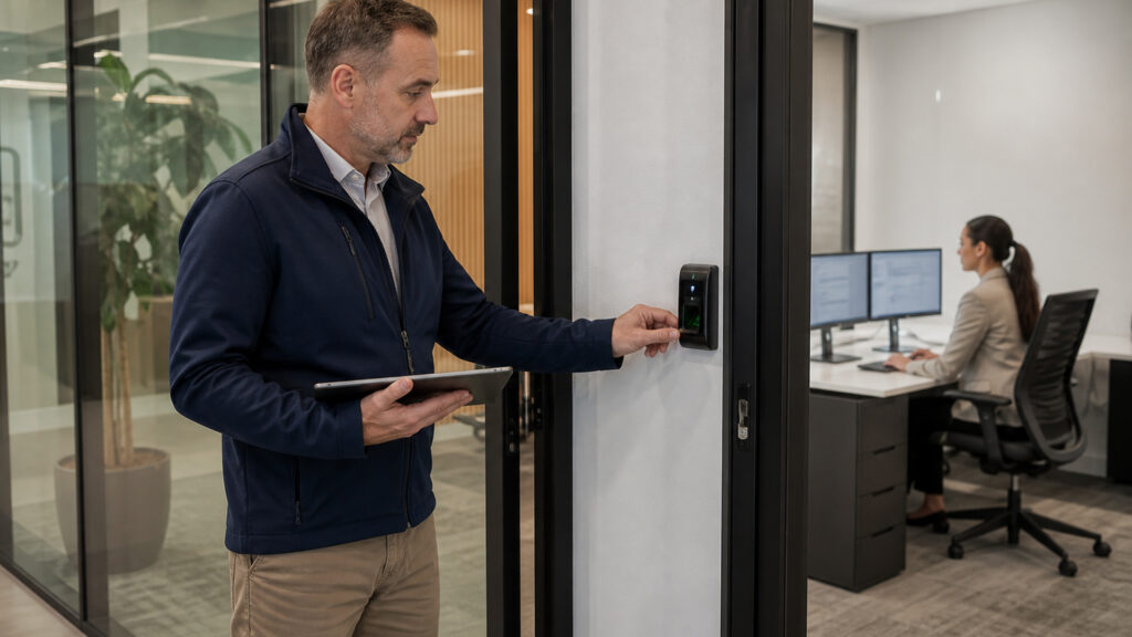 Editorial business scene illustrating biometric access control systems and cloud accounting software