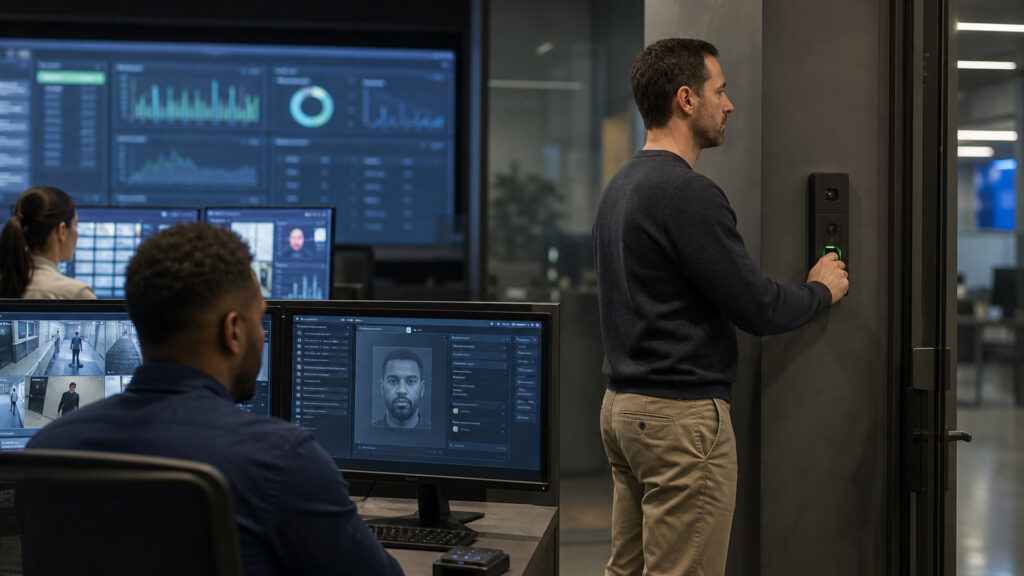 Editorial business scene illustrating biometric access control systems and enterprise accounting software