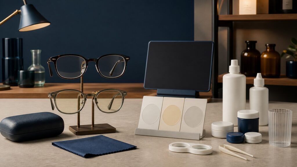 People-free editorial still life illustrating spectral filtering and tint tradeoffs versus lens hygiene disinfection and storage tools
